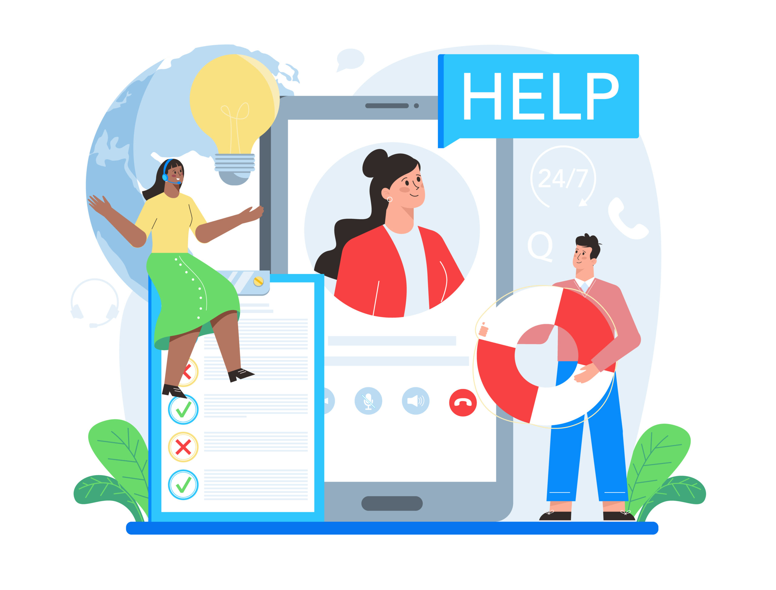 Technical support concept. Idea of customer service. Consultant support clients and help them with problems. Providing customer with valuable information. Vector illustration in cartoon style